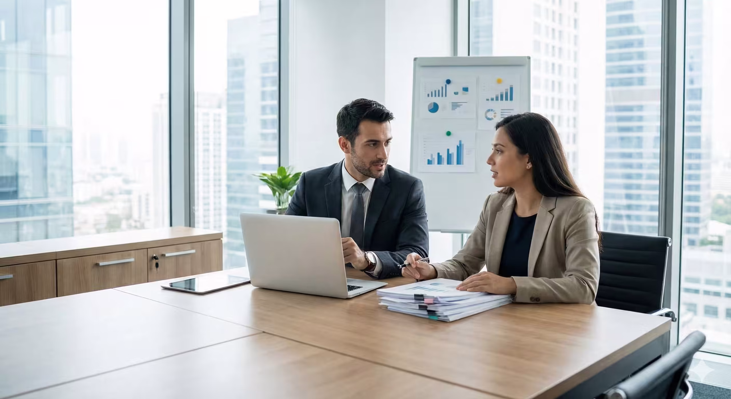 Dos asesores fiscales de EDIGITAX analizando la nueva normativa de control bancario y Bizum de Hacienda para 2026 en una oficina.